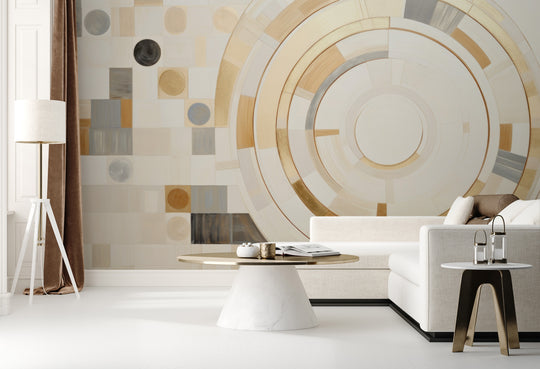 Wzór fototapety artystycznej o nazwie GEOMETRIC ORBITAL MOSAIC pokazanej w aranżacji wnętrza.