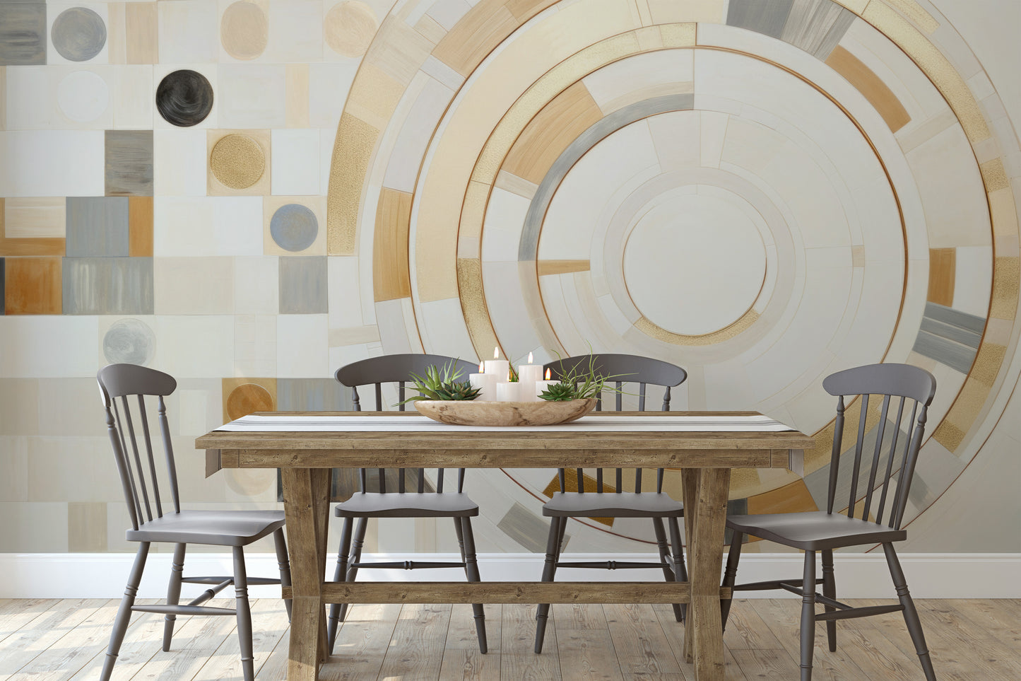 Fototapeta artystyczna o nazwie GEOMETRIC ORBITAL MOSAIC pokazana w aranżacji wnętrza.