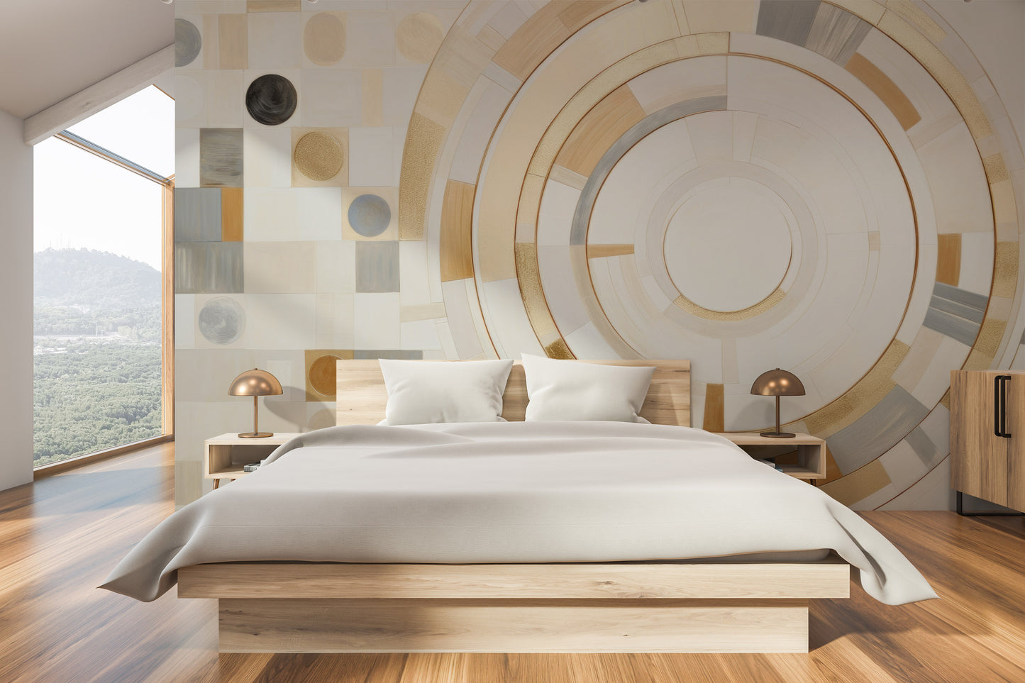 Zdjęcie prezentuje aranżację wnętrza z użyciem fototapety o nazwie GEOMETRIC ORBITAL MOSAIC pokazanej w aranżacji wnętrza.