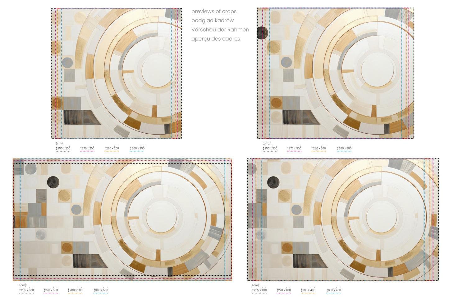 Na obrazie znajduje się prezentacja przykładowych rozmiarów fototapety o nazwie GEOMETRIC ORBITAL MOSAIC. Rozmiar fototapety jest dowolny.