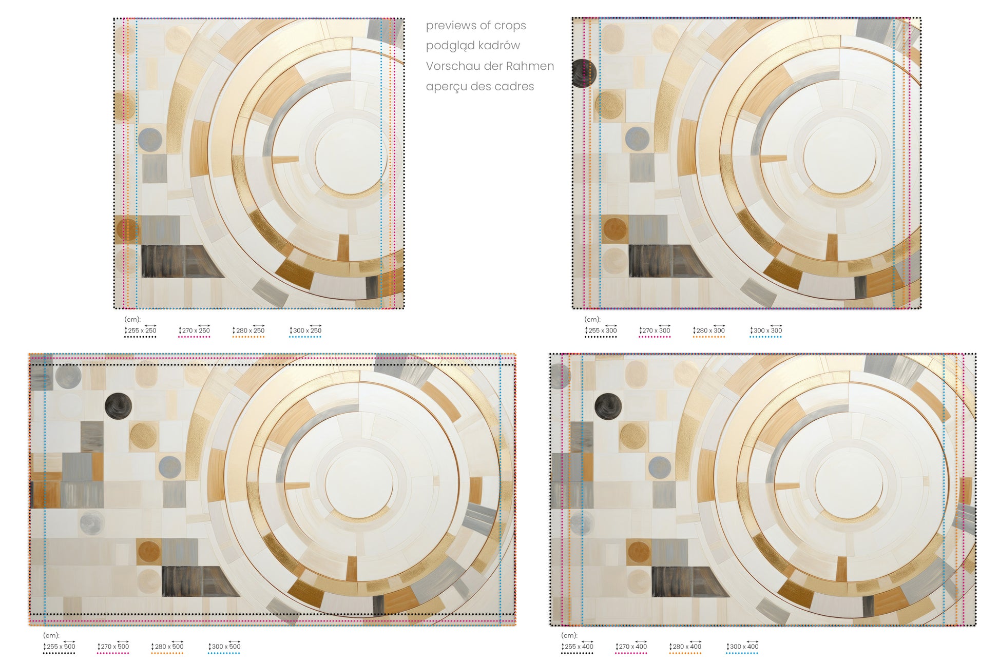 Na obrazie znajduje się prezentacja przykładowych rozmiarów fototapety o nazwie GEOMETRIC ORBITAL MOSAIC. Rozmiar fototapety jest dowolny.