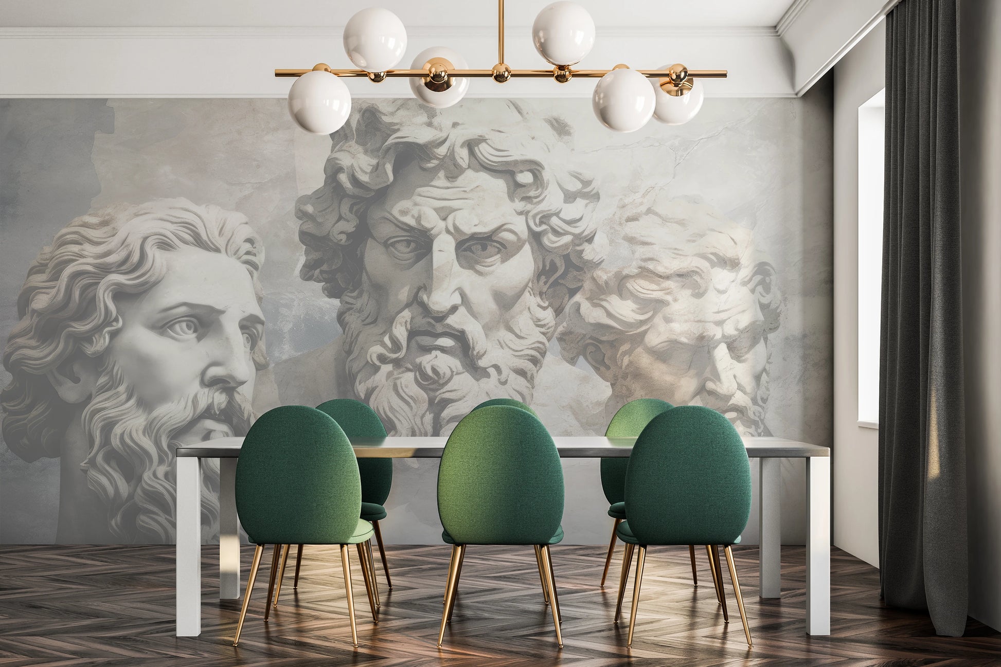 Wzór fototapety artystycznej o nazwie Philosopher's Ensemble pokazanej w aranżacji wnętrza.