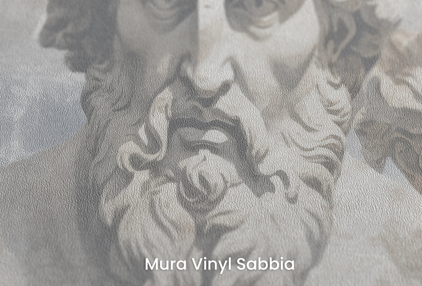 Zbliżenie na artystyczną fototapetę o nazwie Philosopher's Ensemble na podłożu Mura Vinyl Sabbia struktura grubego ziarna piasku.