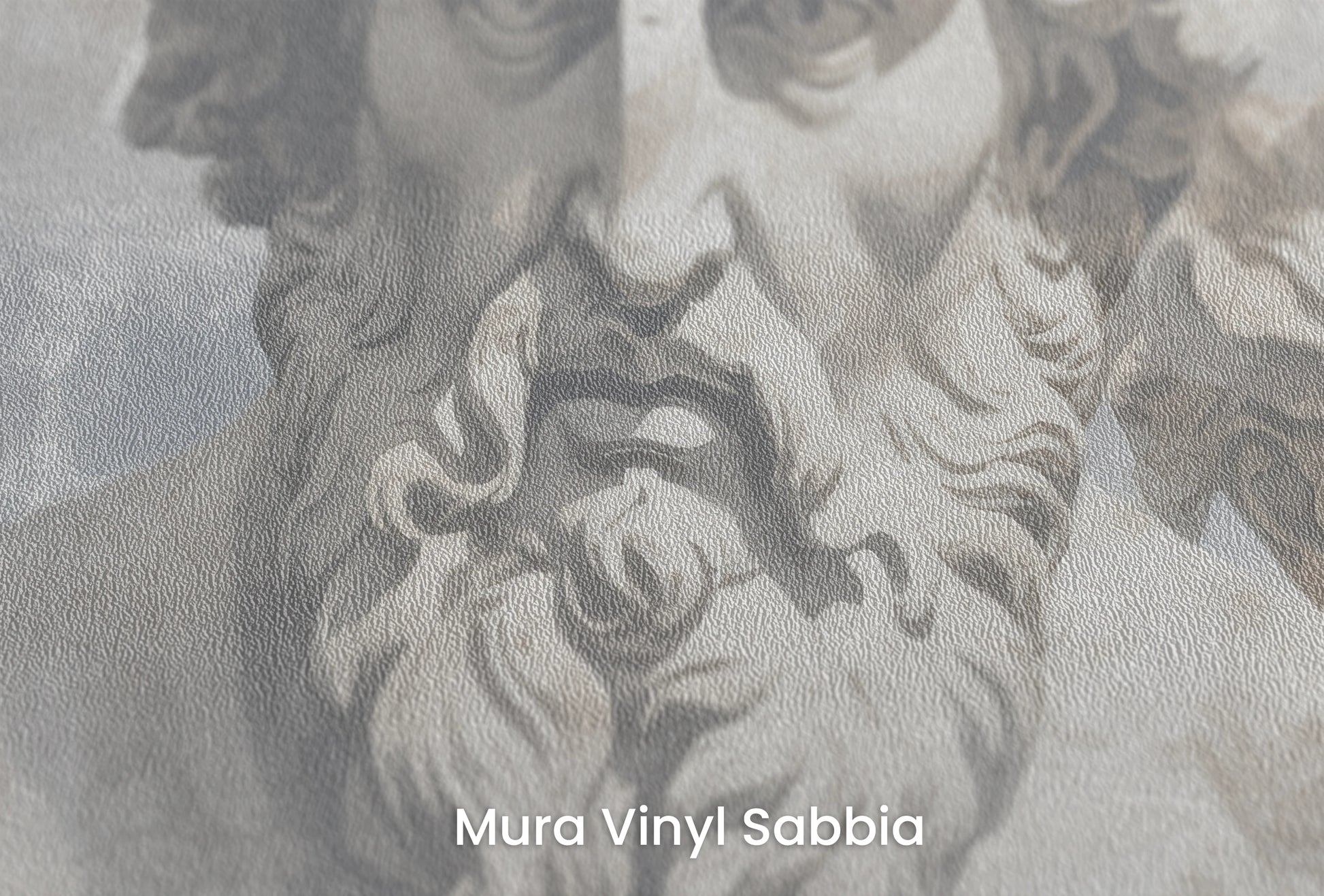 Zbliżenie na artystyczną fototapetę o nazwie Philosopher's Ensemble na podłożu Mura Vinyl Sabbia struktura grubego ziarna piasku.