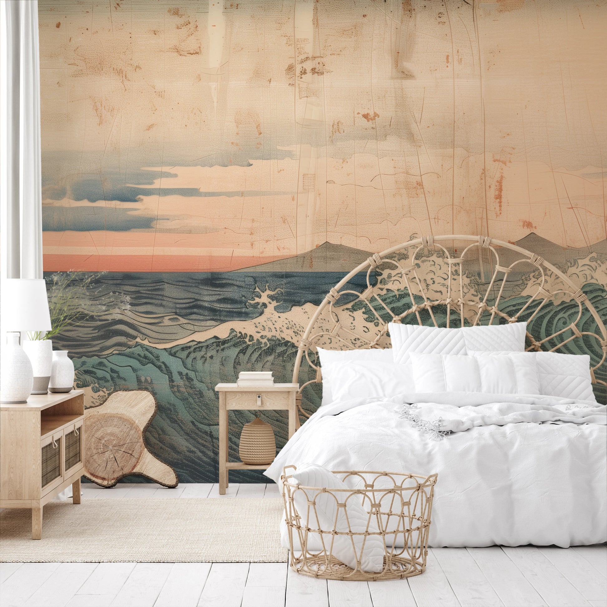 Zdjęcie prezentuje aranżację wnętrza z użyciem fototapety o nazwie Vintage Ocean View pokazanej w aranżacji wnętrza.