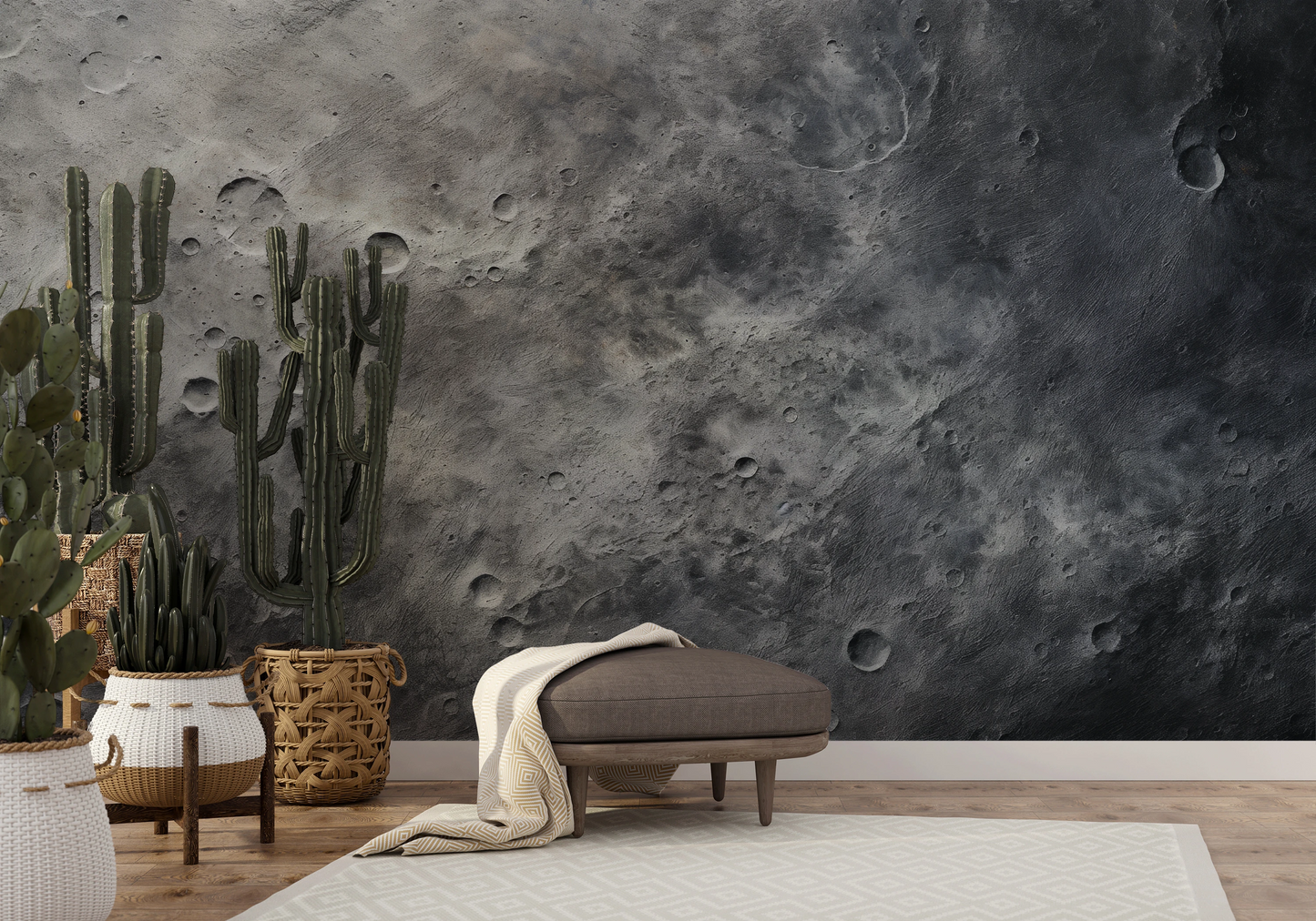 Zdjęcie prezentuje aranżację wnętrza z użyciem fototapety o nazwie Moon's Tranquility #2 pokazanej w aranżacji wnętrza.