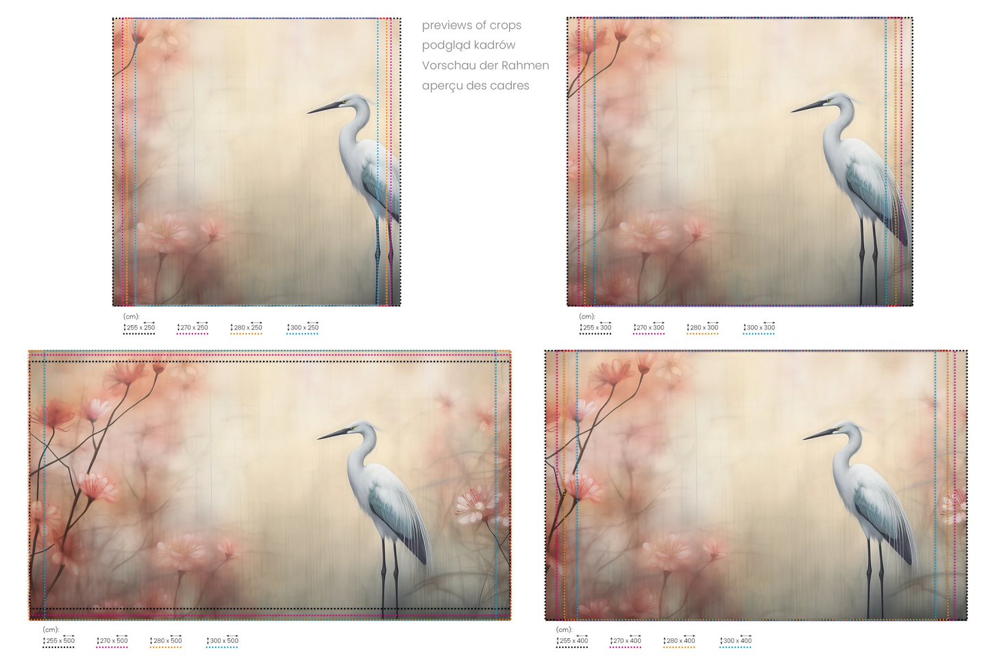 Na obrazie znajduje się prezentacja przykładowych rozmiarów fototapety o nazwie Graceful Crane. Rozmiar fototapety jest dowolny.