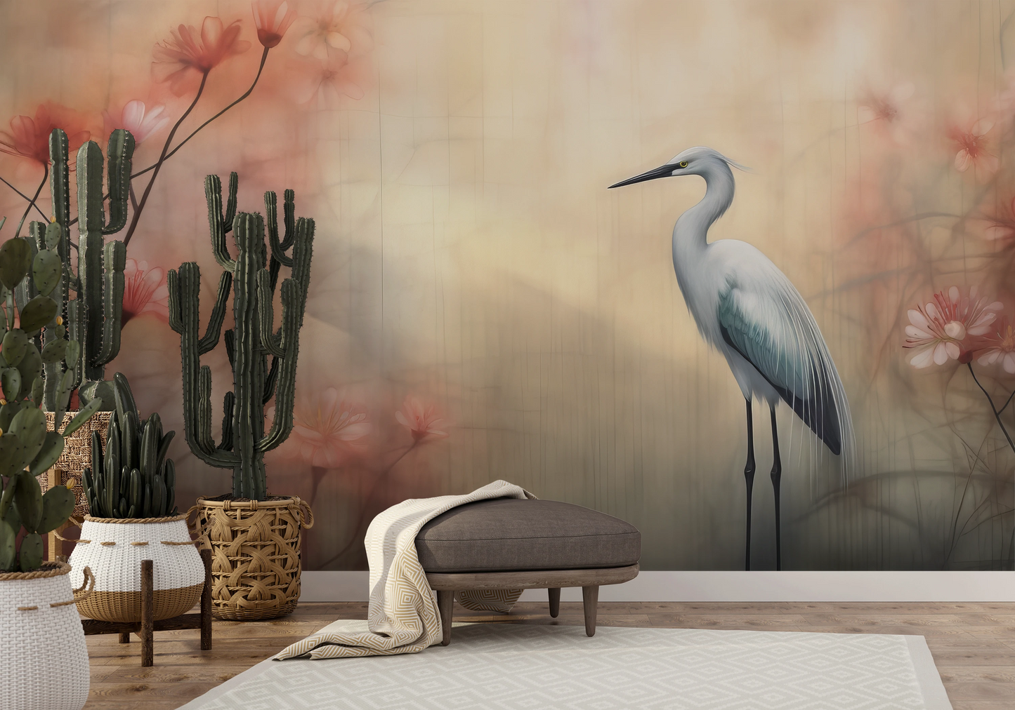 Fototapeta malowana o nazwie Graceful Crane pokazana w aranżacji wnętrza.