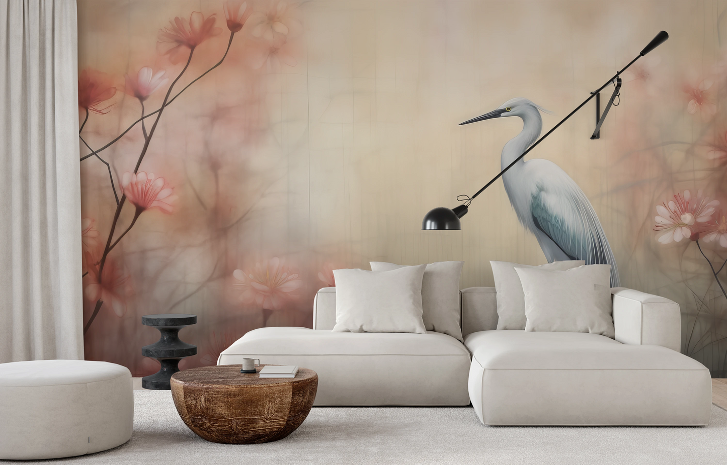 Wzór fototapety artystycznej o nazwie Graceful Crane pokazanej w aranżacji wnętrza.