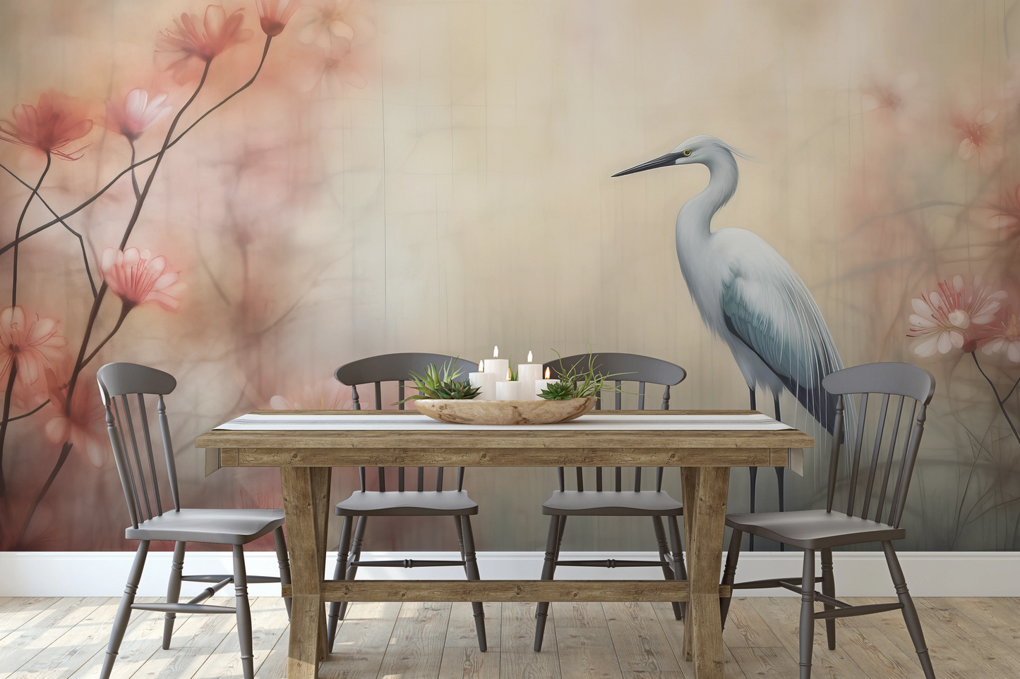 Wzór fototapety o nazwie Graceful Crane pokazanej w kontekście pomieszczenia.