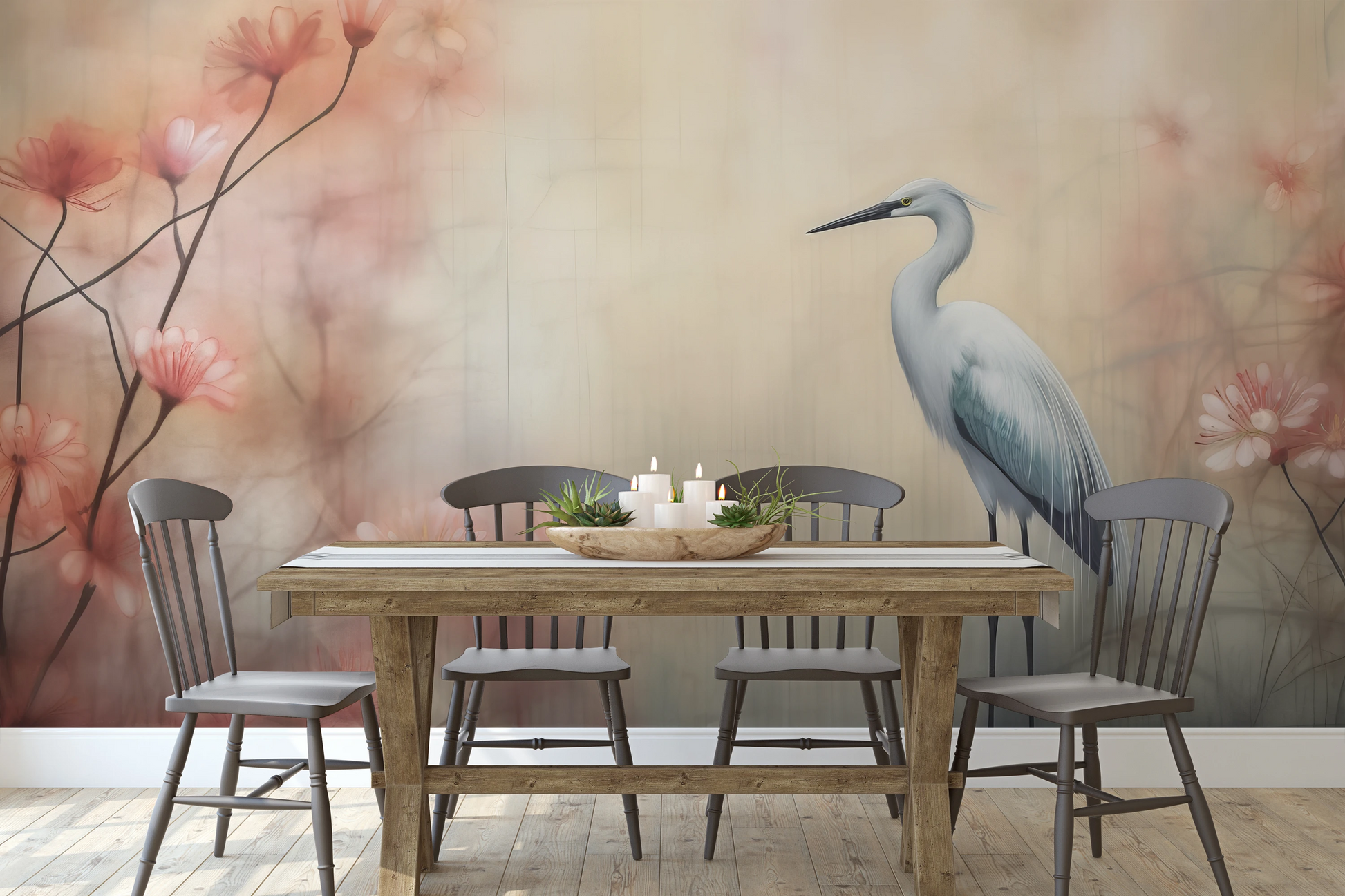 Wzór fototapety o nazwie Graceful Crane pokazanej w kontekście pomieszczenia.