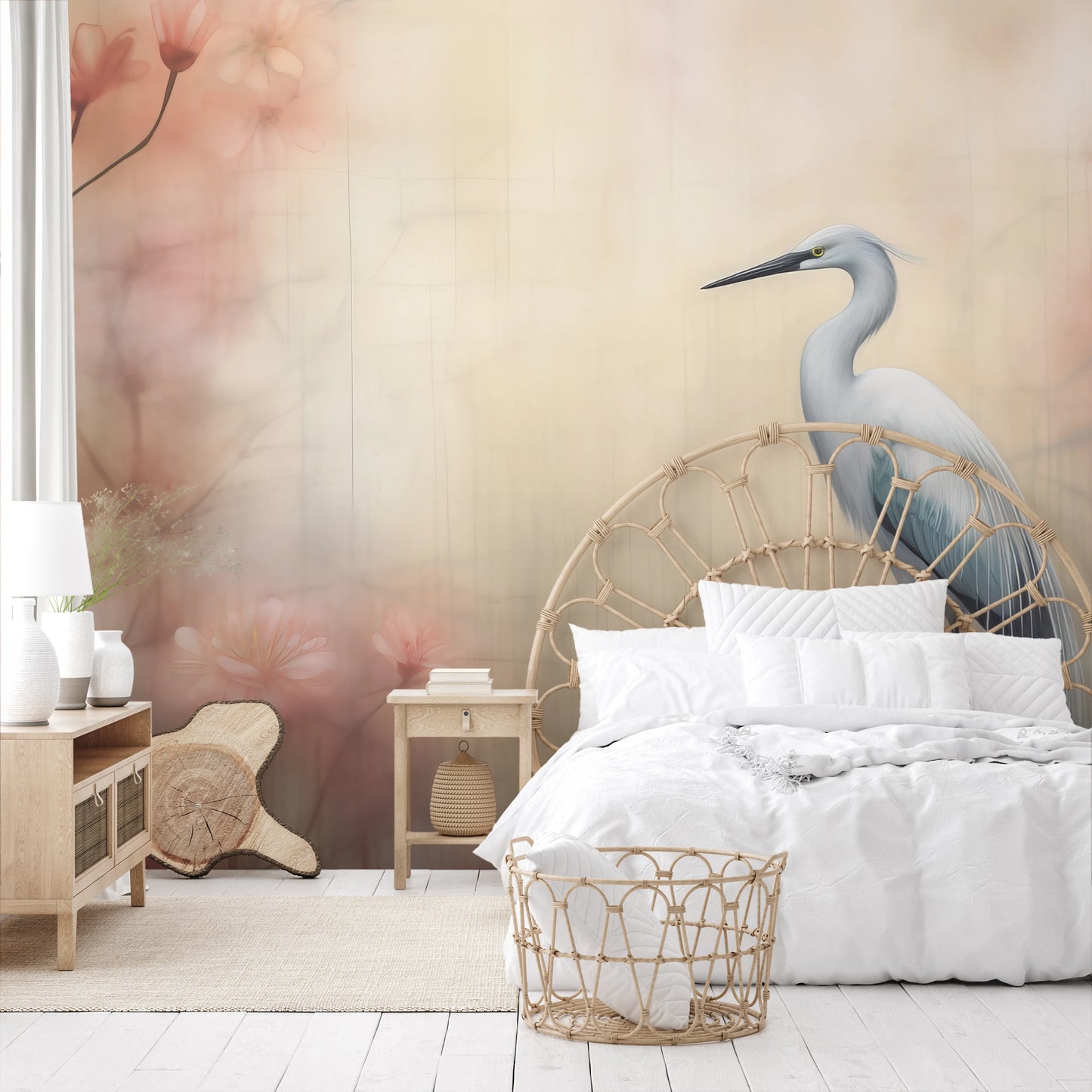 Zdjęcie prezentuje aranżację wnętrza z użyciem fototapety o nazwie Graceful Crane pokazanej w aranżacji wnętrza.