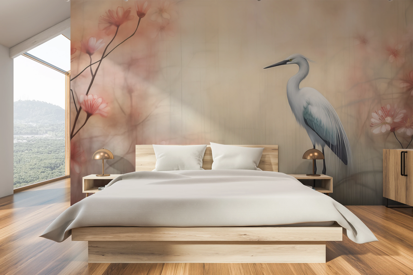 Wzór fototapety malowanej o nazwie Graceful Crane pokazanej w aranżacji wnętrza.