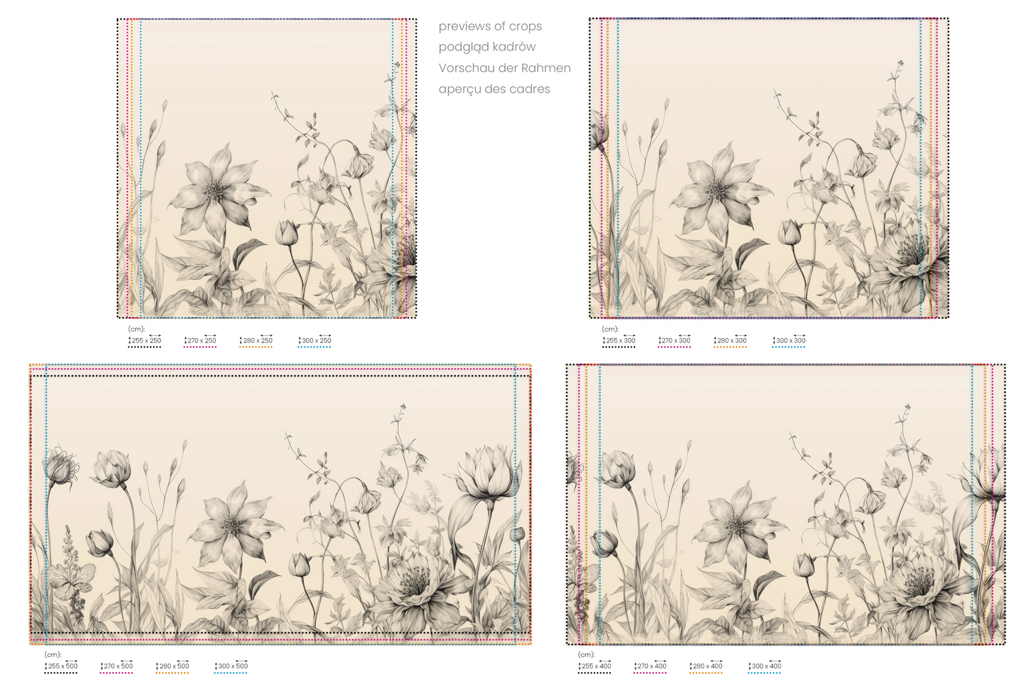 Na obrazie znajduje się prezentacja przykładowych rozmiarów fototapety o nazwie Botanical Study. Rozmiar fototapety jest dowolny.