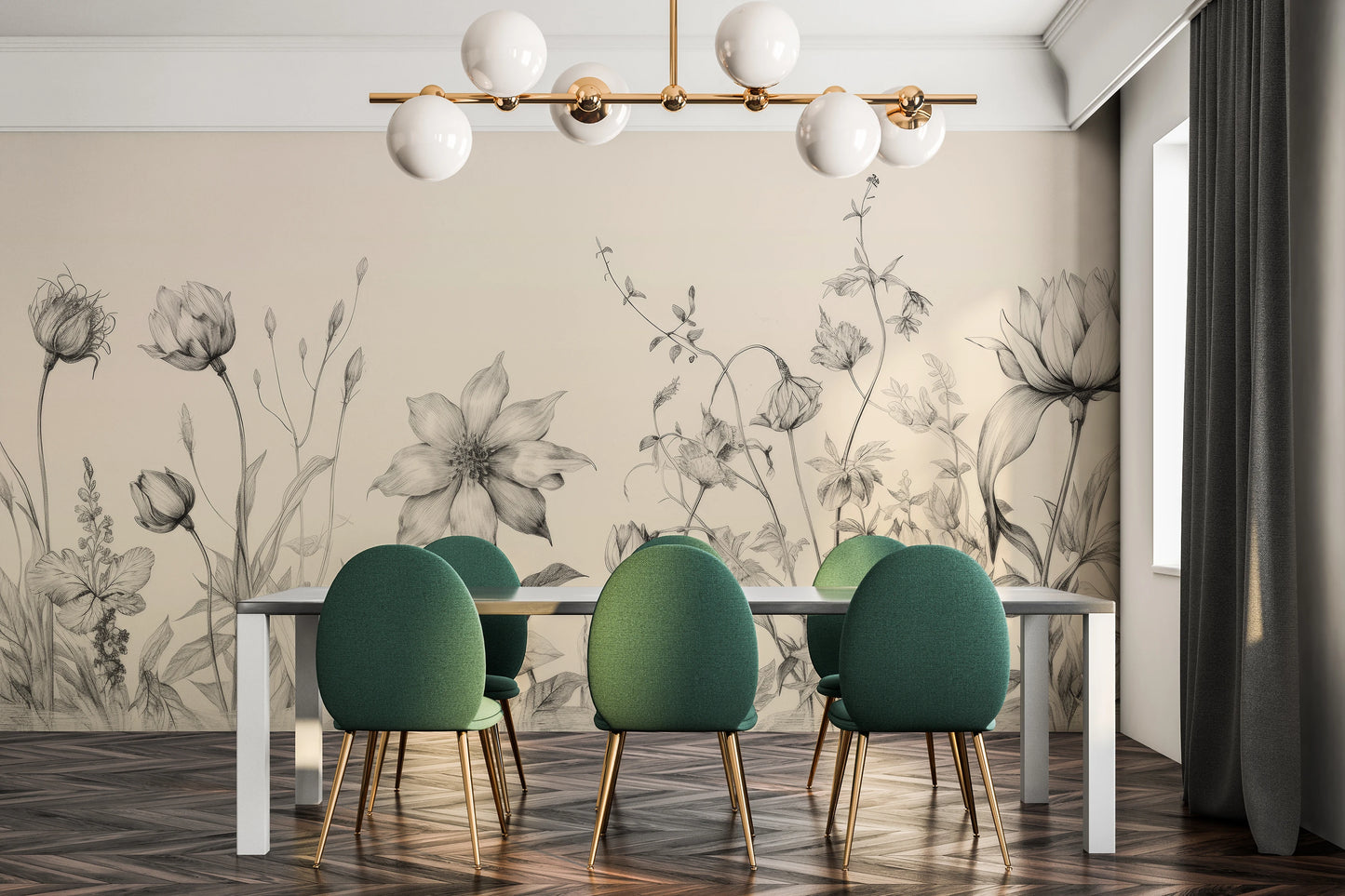 Wzór fototapety malowanej o nazwie Botanical Study pokazanej w aranżacji wnętrza.