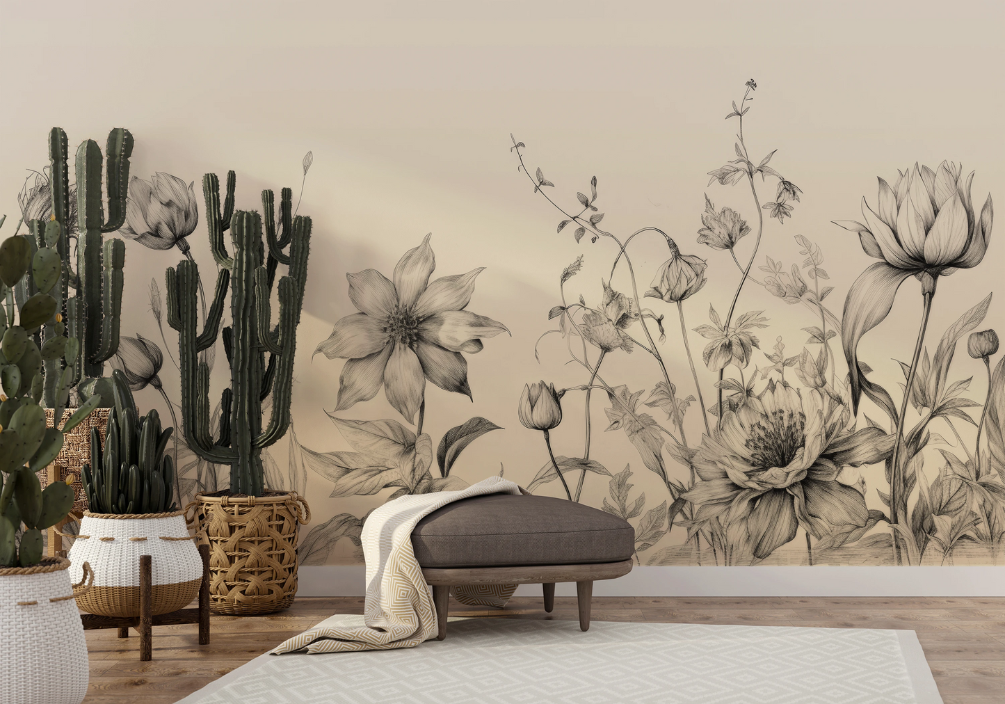 Wzór fototapety artystycznej o nazwie Botanical Study pokazanej w aranżacji wnętrza.