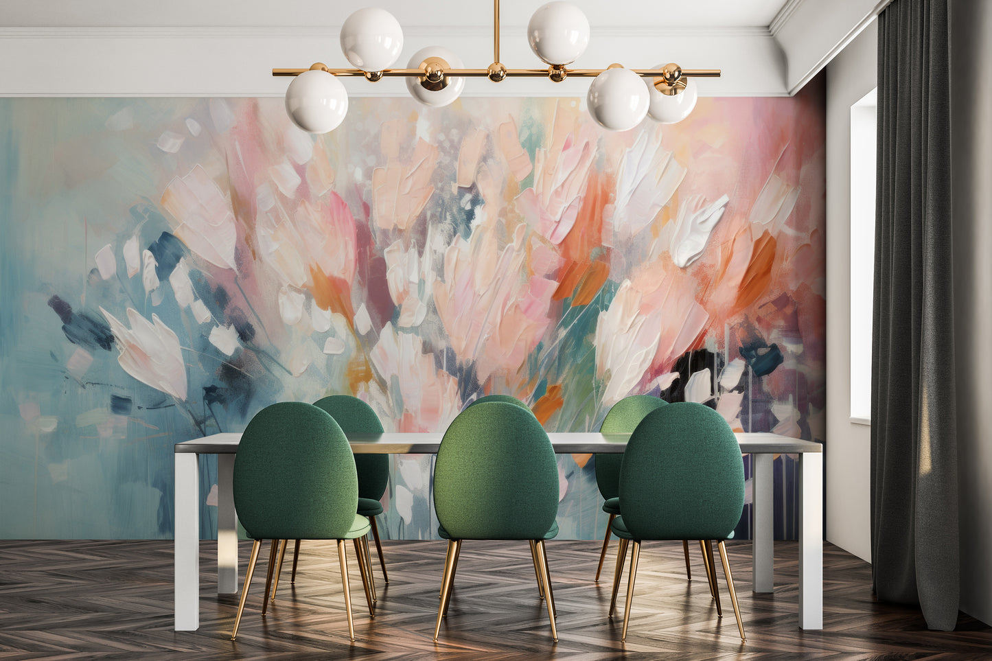 Wzór fototapety artystycznej o nazwie Ethereal Floral Canvas pokazanej w aranżacji wnętrza.