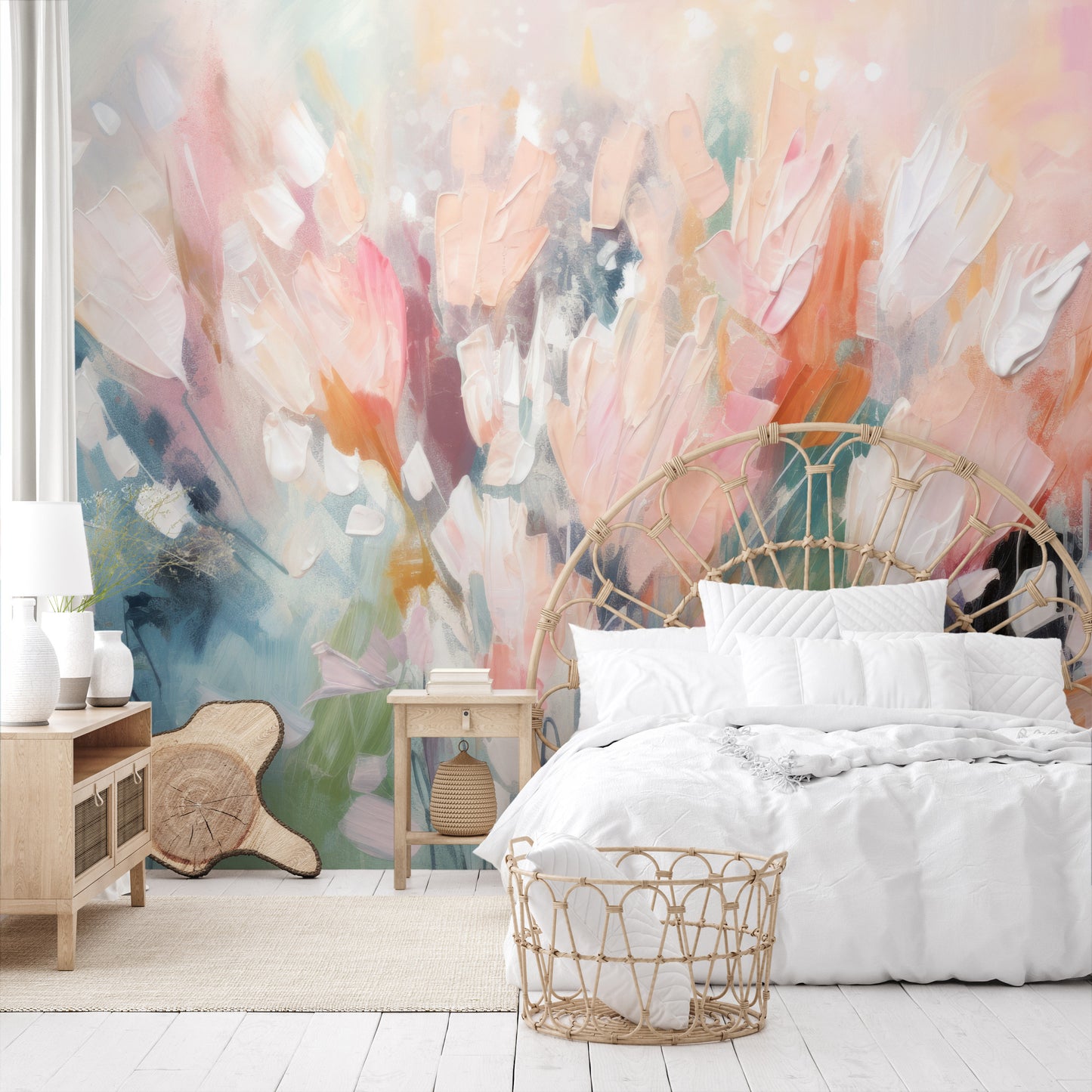 Wzór fototapety malowanej o nazwie Ethereal Floral Canvas pokazanej w aranżacji wnętrza.