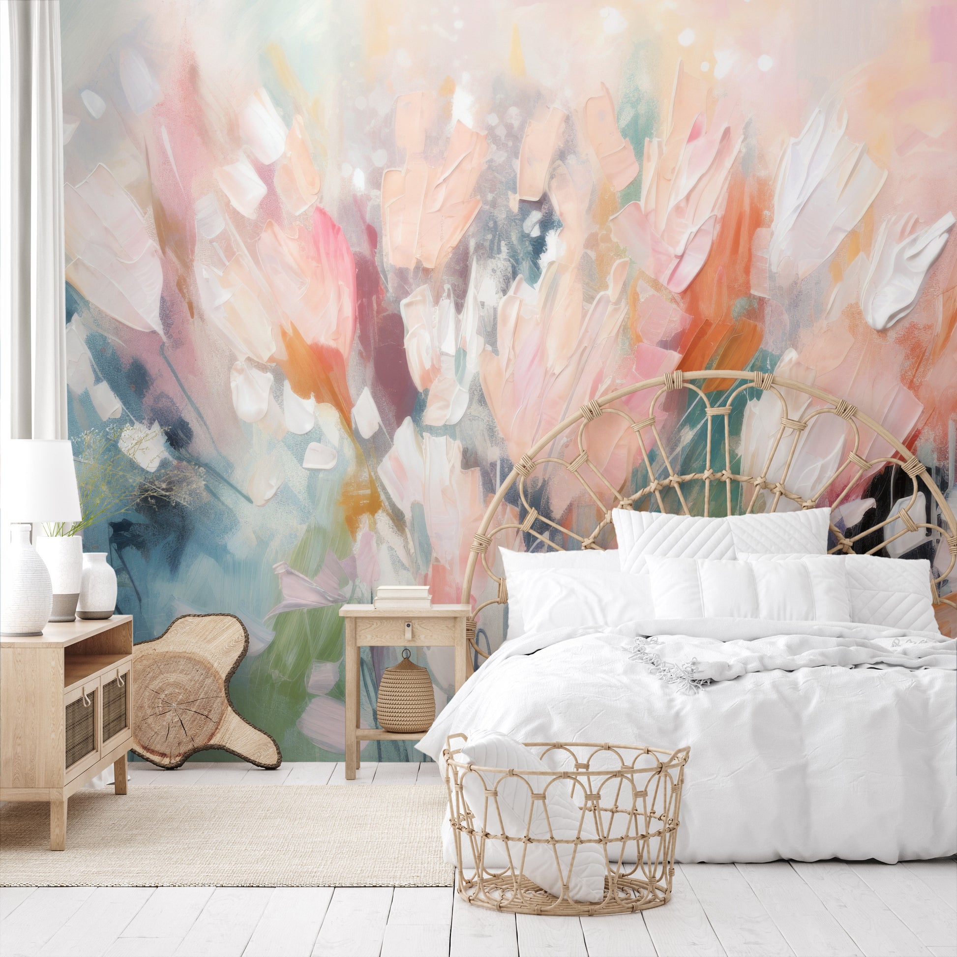 Wzór fototapety malowanej o nazwie Ethereal Floral Canvas pokazanej w aranżacji wnętrza.