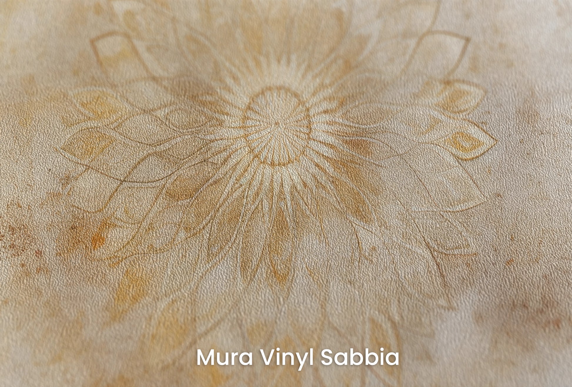 Zbliżenie na artystyczną fototapetę o nazwie Subtle Sunburst na podłożu Mura Vinyl Sabbia struktura grubego ziarna piasku.