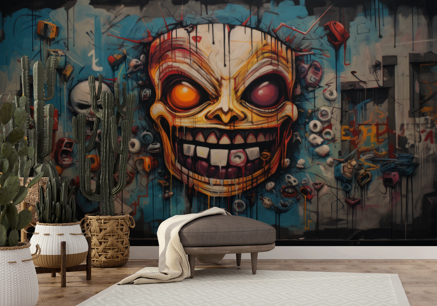 Wzór fototapety artystycznej o nazwie Frightful Reverie pokazanej w aranżacji wnętrza.