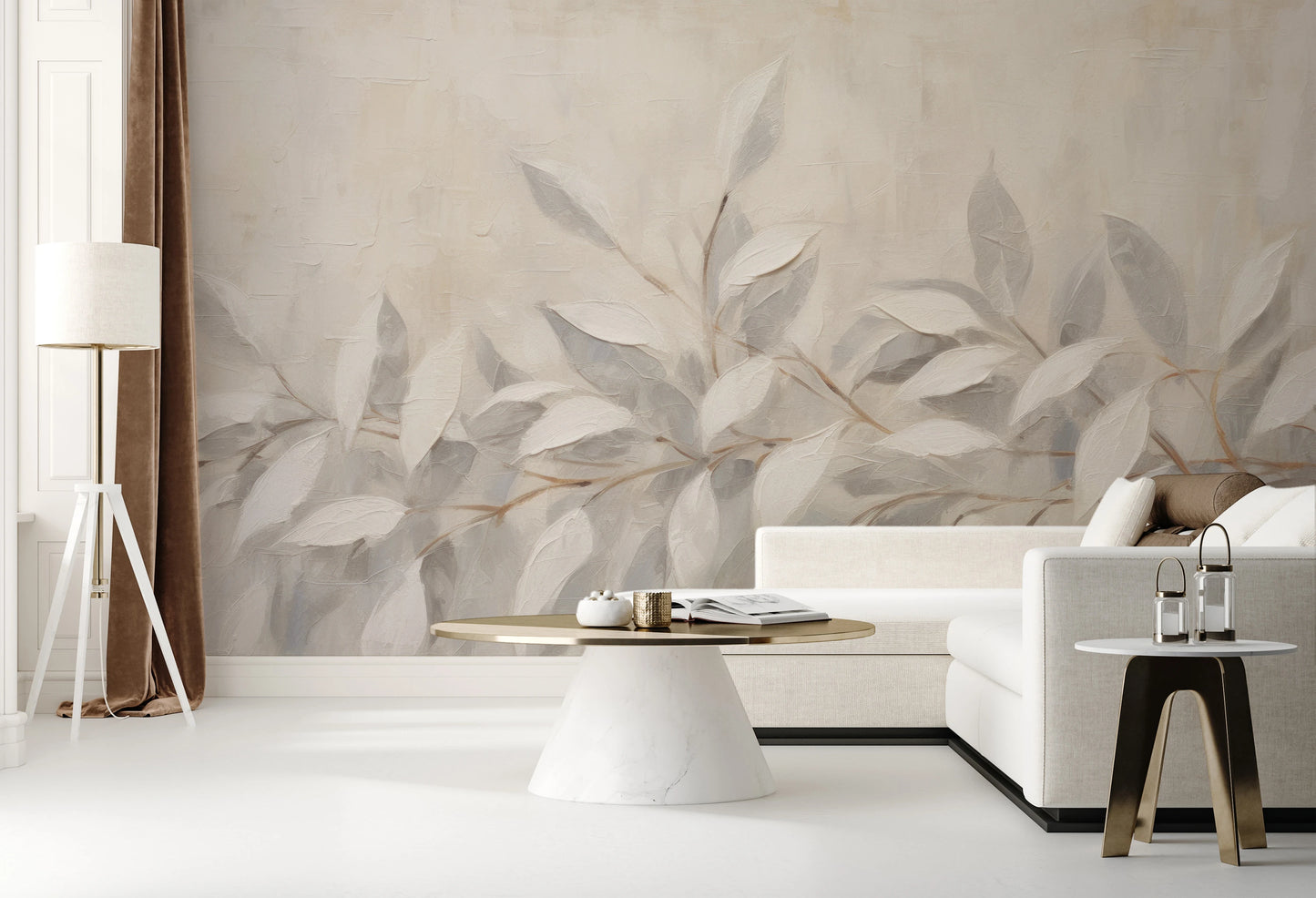 Wzór fototapety o nazwie Silver Leaf Design pokazanej w kontekście pomieszczenia.