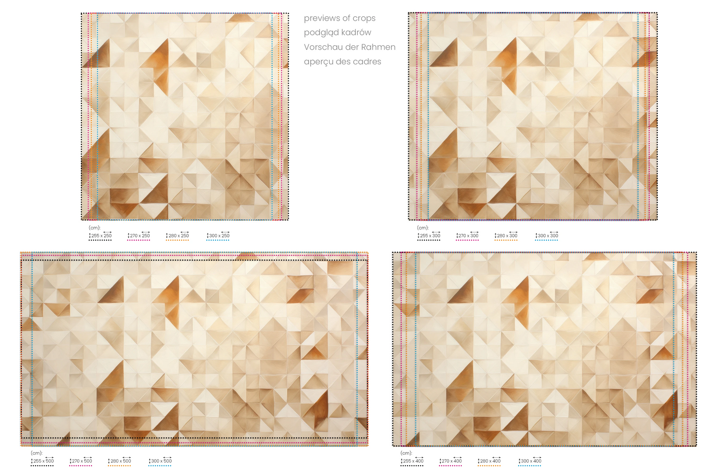 Na obrazie znajduje się prezentacja przykładowych rozmiarów fototapety o nazwie Abstract Peaks. Rozmiar fototapety jest dowolny.