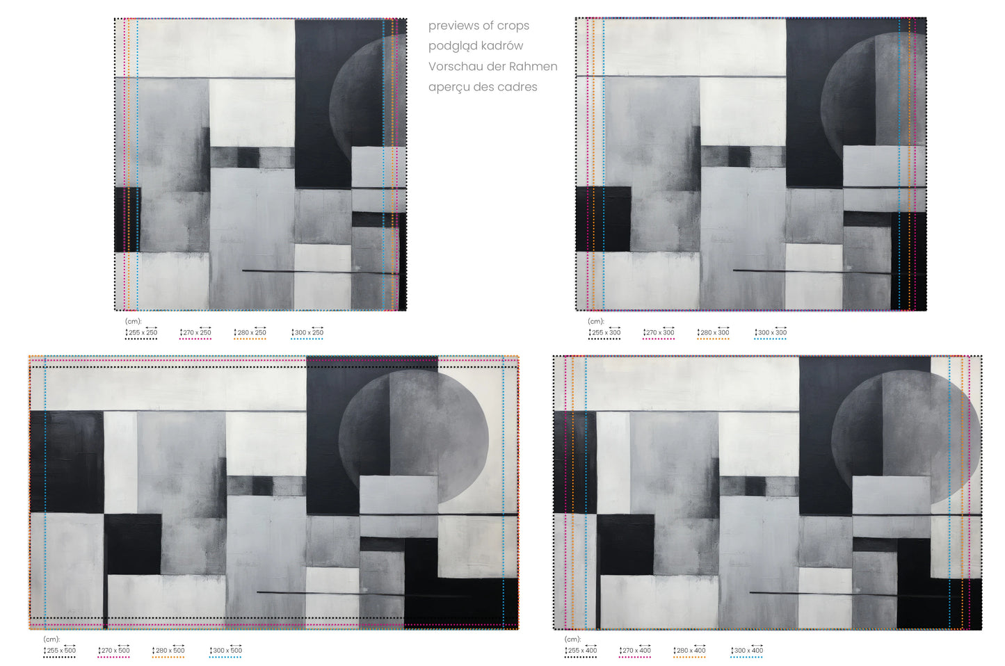 Na obrazie znajduje się prezentacja przykładowych rozmiarów fototapety o nazwie Geometric Eclipse. Rozmiar fototapety jest dowolny.