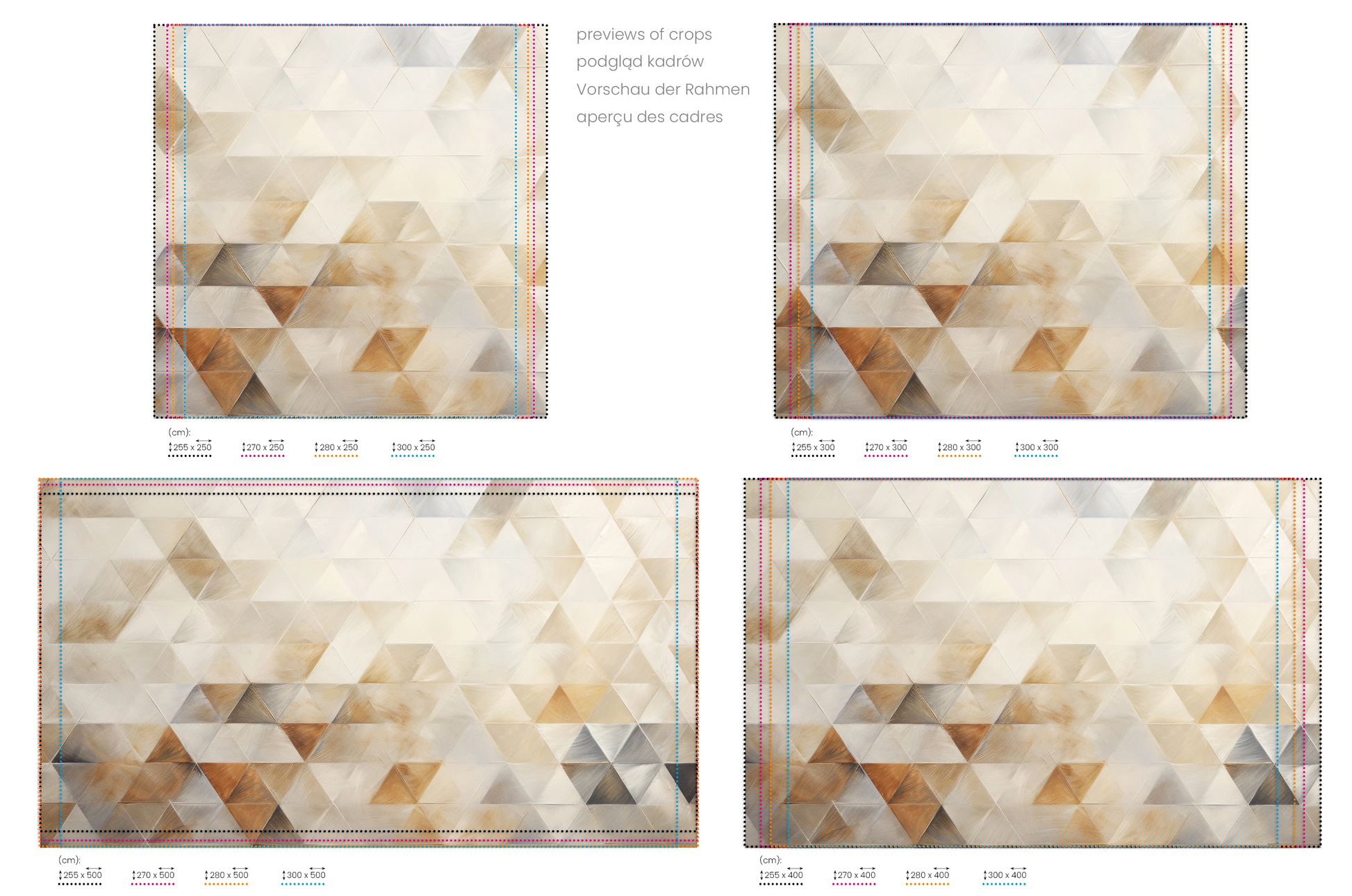 Na obrazie znajduje się prezentacja przykładowych rozmiarów fototapety o nazwie Tactile Weave. Rozmiar fototapety jest dowolny.