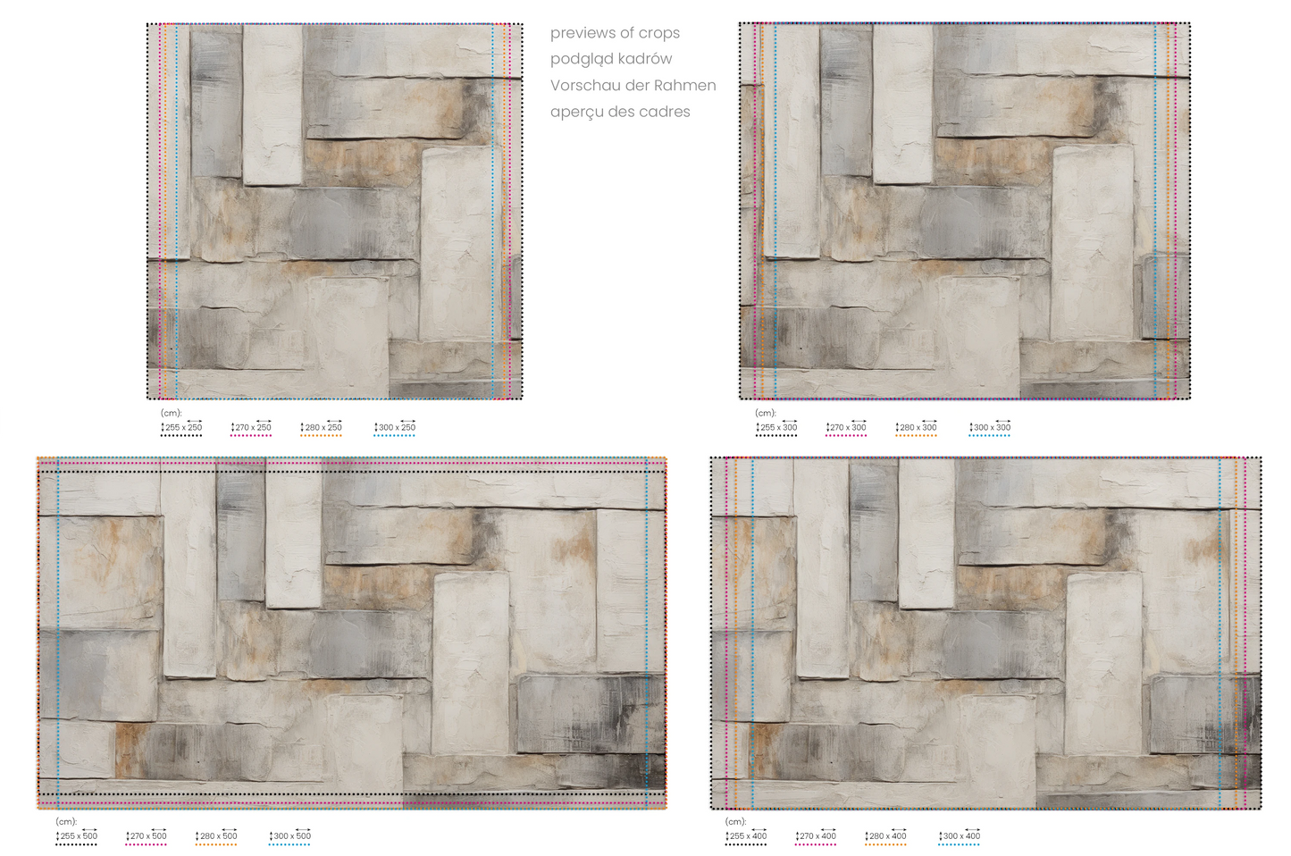 Na obrazie znajduje się prezentacja przykładowych rozmiarów fototapety o nazwie Architectural Canvas. Rozmiar fototapety jest dowolny.