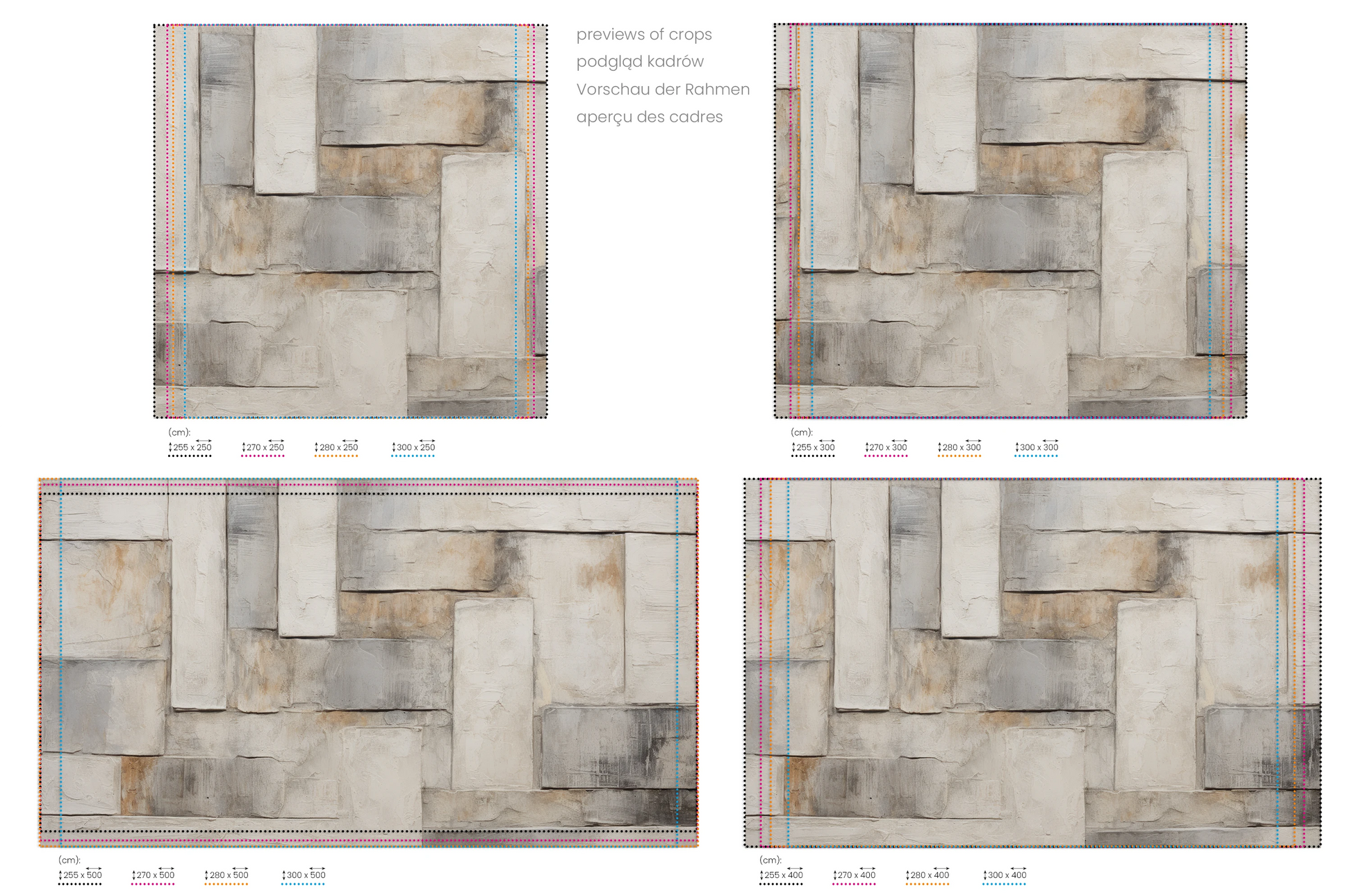 Na obrazie znajduje się prezentacja przykładowych rozmiarów fototapety o nazwie Architectural Canvas. Rozmiar fototapety jest dowolny.
