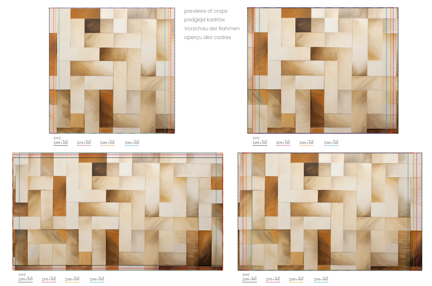 Na obrazie znajduje się prezentacja przykładowych rozmiarów fototapety o nazwie Triangular Fade. Rozmiar fototapety jest dowolny.
