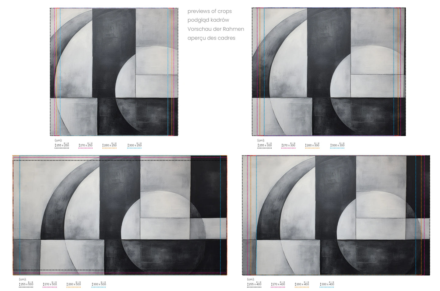 Na obrazie znajduje się prezentacja przykładowych rozmiarów fototapety o nazwie Geometric Harmony #2. Rozmiar fototapety jest dowolny.