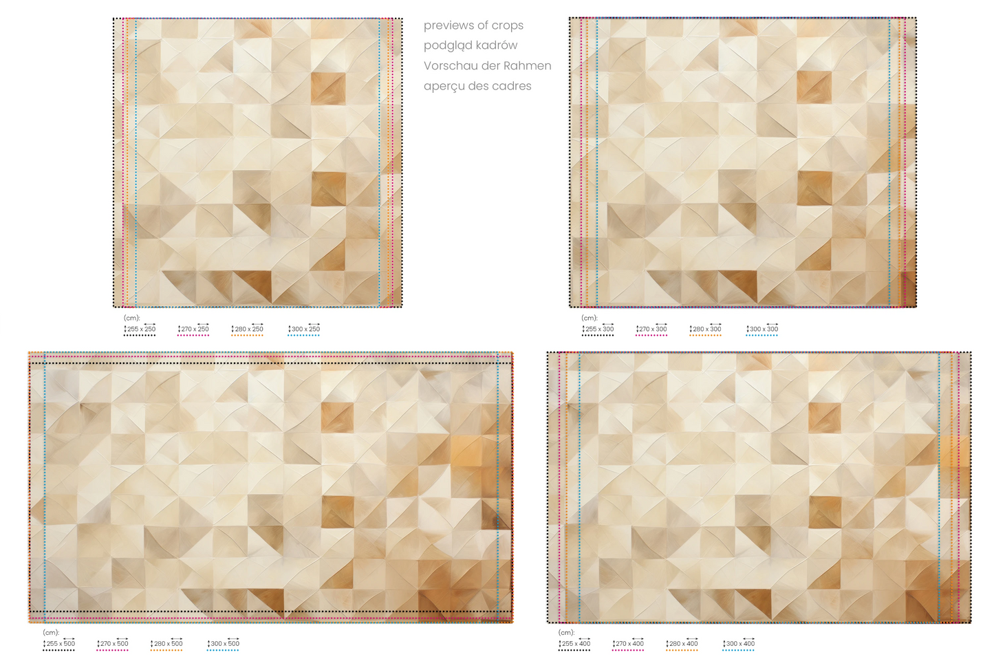Na obrazie znajduje się prezentacja przykładowych rozmiarów fototapety o nazwie Golden Mosaic. Rozmiar fototapety jest dowolny.