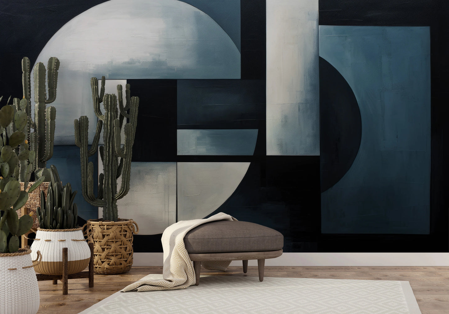 Zdjęcie prezentuje aranżację wnętrza z użyciem fototapety o nazwie Lunar Contrast #3 pokazanej w aranżacji wnętrza.