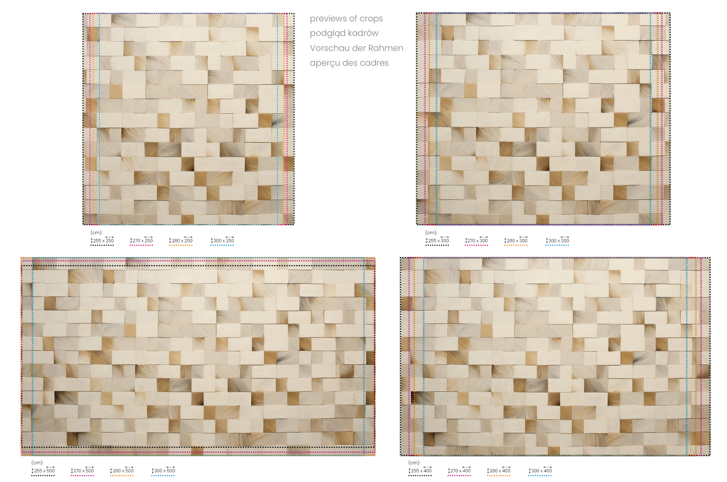 Na obrazie znajduje się prezentacja przykładowych rozmiarów fototapety o nazwie Wooden Weave. Rozmiar fototapety jest dowolny.