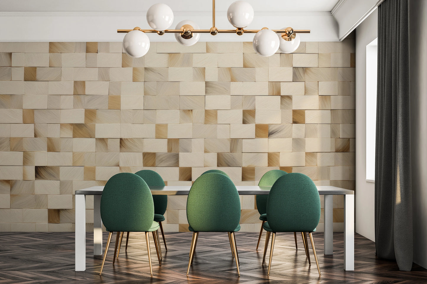 Wzór fototapety malowanej o nazwie Wooden Weave pokazanej w aranżacji wnętrza.