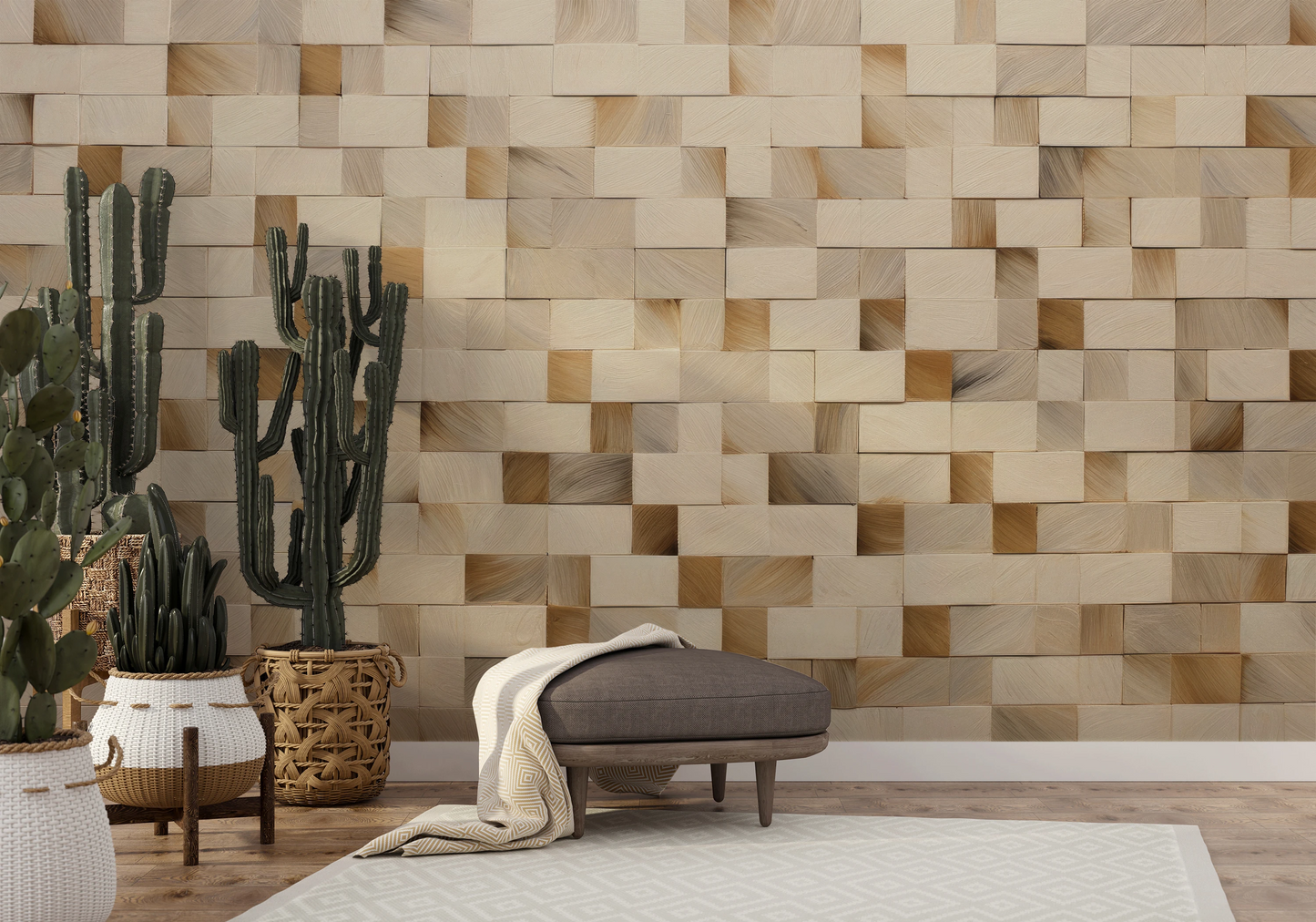 Wzór fototapety artystycznej o nazwie Wooden Weave pokazanej w aranżacji wnętrza.