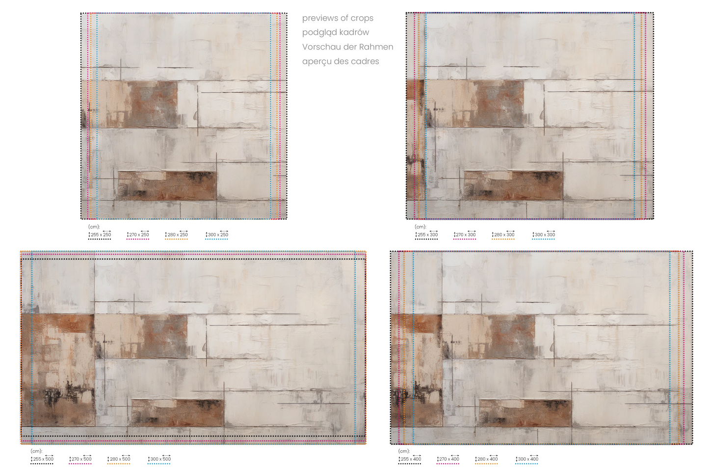 Na obrazie znajduje się prezentacja przykładowych rozmiarów fototapety o nazwie Copper Tones Mosaic. Rozmiar fototapety jest dowolny.