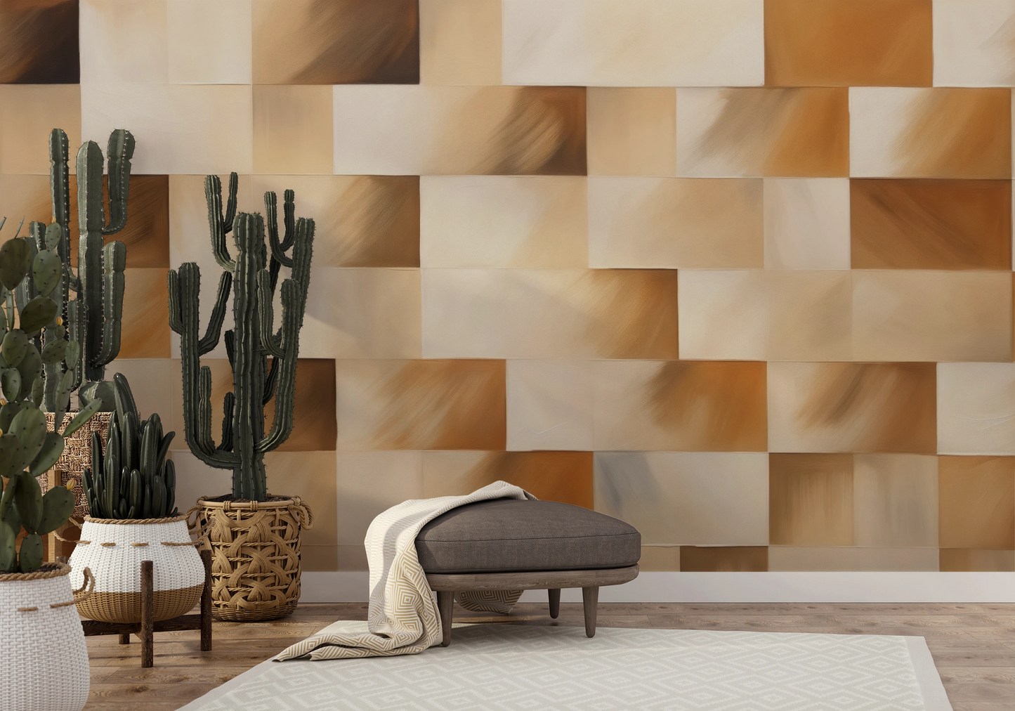 Wzór fototapety o nazwie Beige Bricks pokazanej w kontekście pomieszczenia.