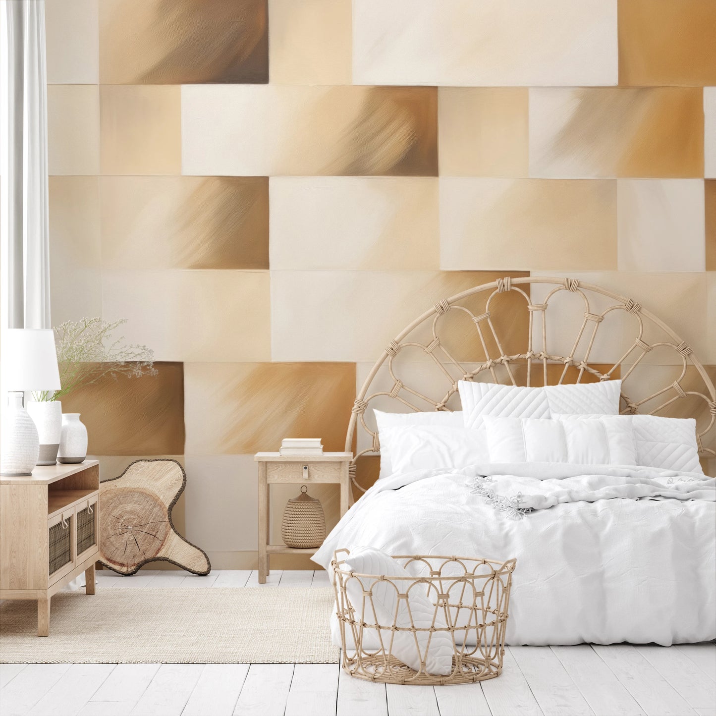 Wzór fototapety artystycznej o nazwie Beige Bricks pokazanej w aranżacji wnętrza.
