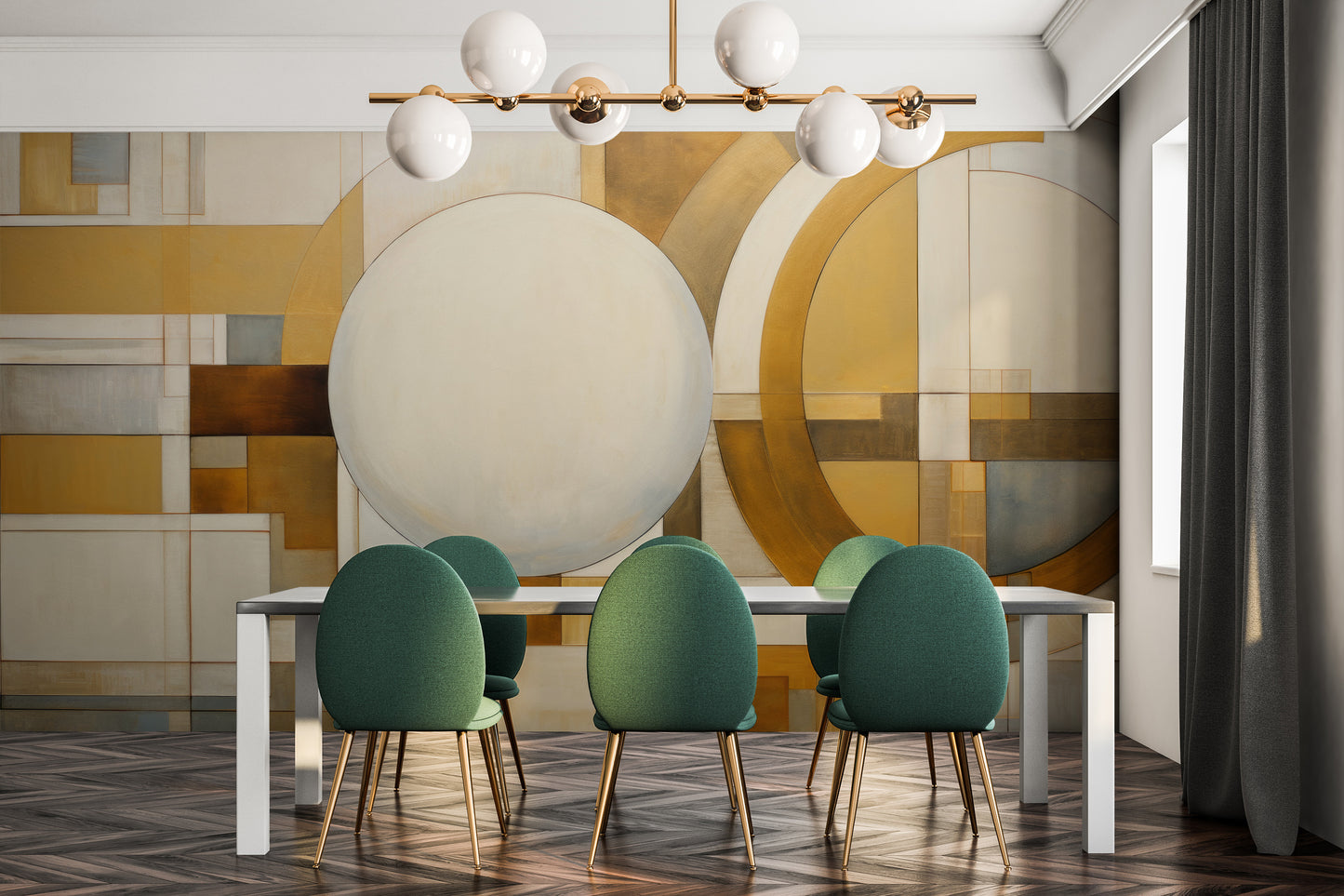 Wzór fototapety o nazwie SPHERICAL GEOMETRY IN HUES pokazanej w kontekście pomieszczenia.