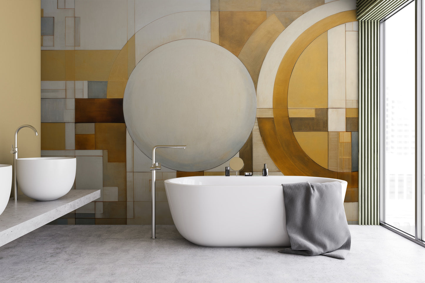 Fototapeta malowana o nazwie SPHERICAL GEOMETRY IN HUES pokazana w aranżacji wnętrza.