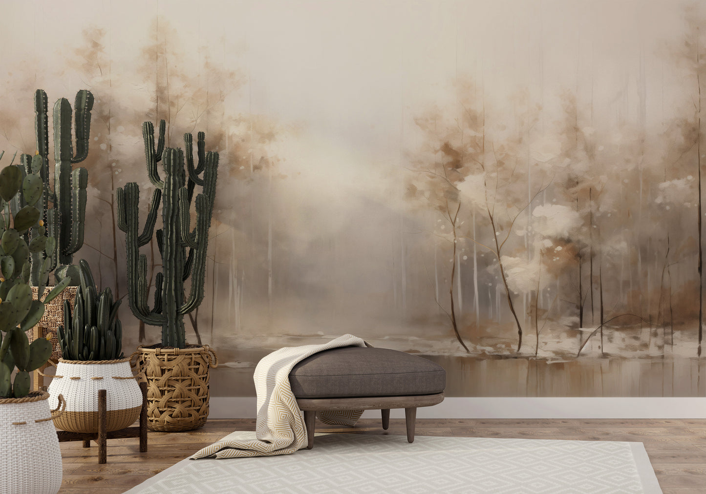 Wzór fototapety o nazwie SOFT WINTER GLOW MURAL pokazanej w kontekście pomieszczenia.