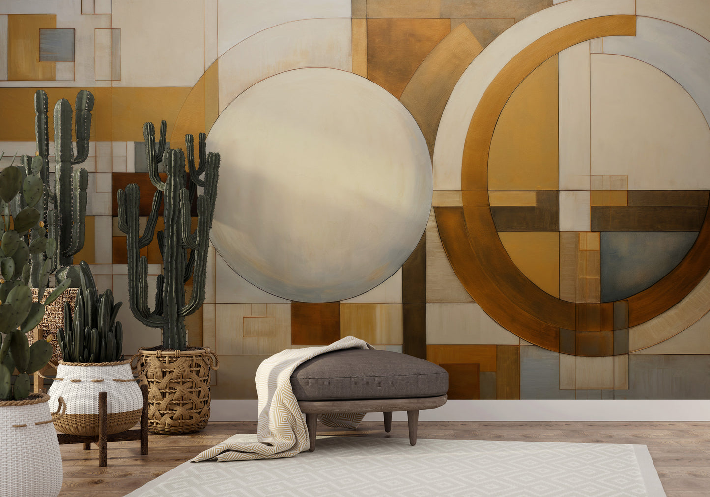 Wzór fototapety malowanej o nazwie SPHERICAL GEOMETRY IN HUES pokazanej w aranżacji wnętrza.