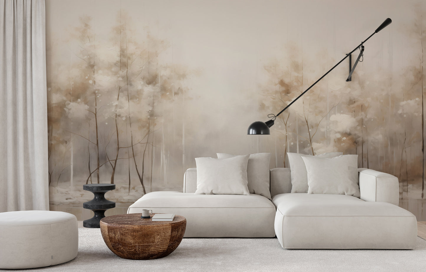 Wzór fototapety malowanej o nazwie SOFT WINTER GLOW MURAL pokazanej w aranżacji wnętrza.