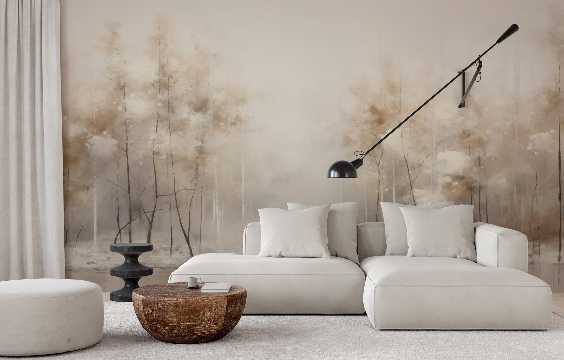Wzór fototapety malowanej o nazwie SOFT WINTER GLOW MURAL pokazanej w aranżacji wnętrza.