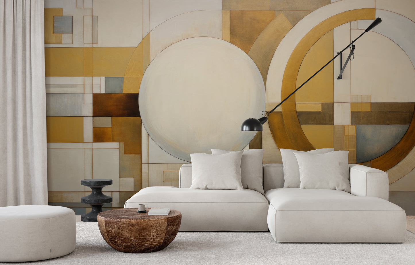 Zdjęcie prezentuje aranżację wnętrza z użyciem fototapety o nazwie SPHERICAL GEOMETRY IN HUES pokazanej w aranżacji wnętrza.