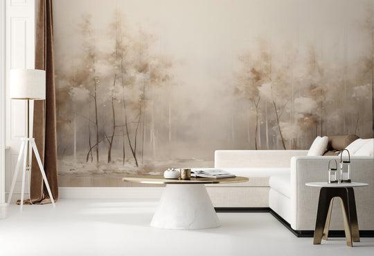Wzór fototapety artystycznej o nazwie SOFT WINTER GLOW MURAL pokazanej w aranżacji wnętrza.