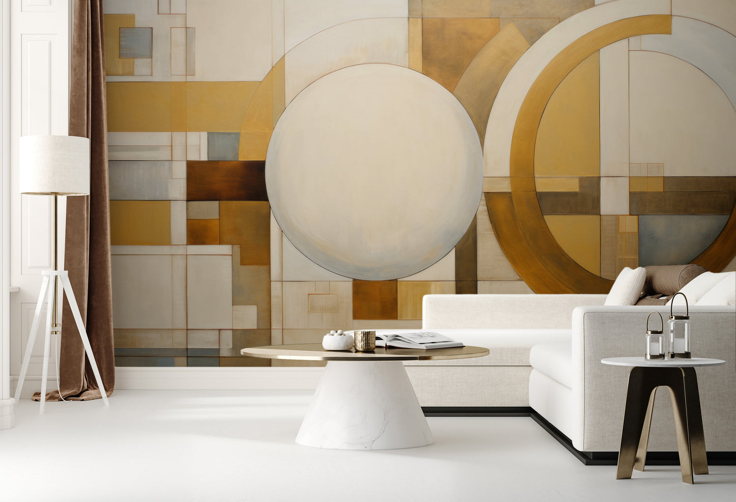 Fototapeta artystyczna o nazwie SPHERICAL GEOMETRY IN HUES pokazana w aranżacji wnętrza.